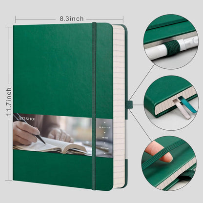 EMSHOI A4 College Ruled Notebook, Large 8.3" x 11.7", 192 Pages 100GSM Ink-Proof Faux Leather Hardcover Lay-Flat Lined Journal for Office School Work Writing, Black