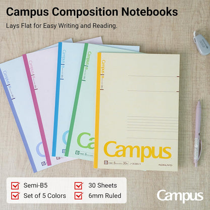 KOKUYO Composition Notebooks, 5 Pack Campus Semi-B5 Comp Book with B 6mm Ruled, 30 Sheets, Classic School Lined Notebook, Journal Notebook for Women Work Study Note Taking (NO-3CBNx5)
