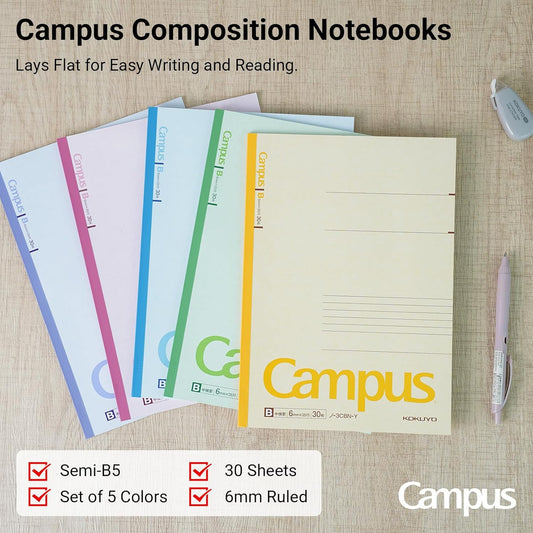 KOKUYO Composition Notebooks, 5 Pack Campus Semi-B5 Comp Book with B 6mm Ruled, 30 Sheets, Classic School Lined Notebook, Journal Notebook for Women Work Study Note Taking (NO-3CBNx5)