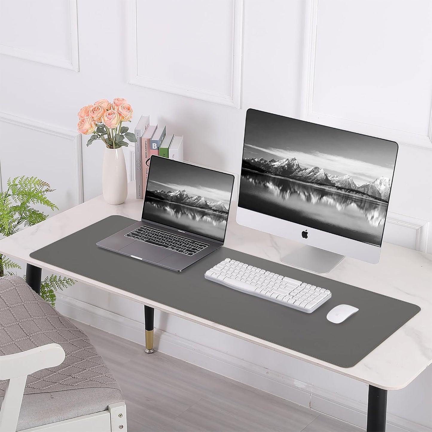 Large Desk Mat 47.2" x 17" Leather Desk Pad Protector with Natural Cork & PU Leather, Non-Slip Office Desk Mat, Large Mouse Pad, Waterproof Desk Blotter pad for Office&Home(Black)