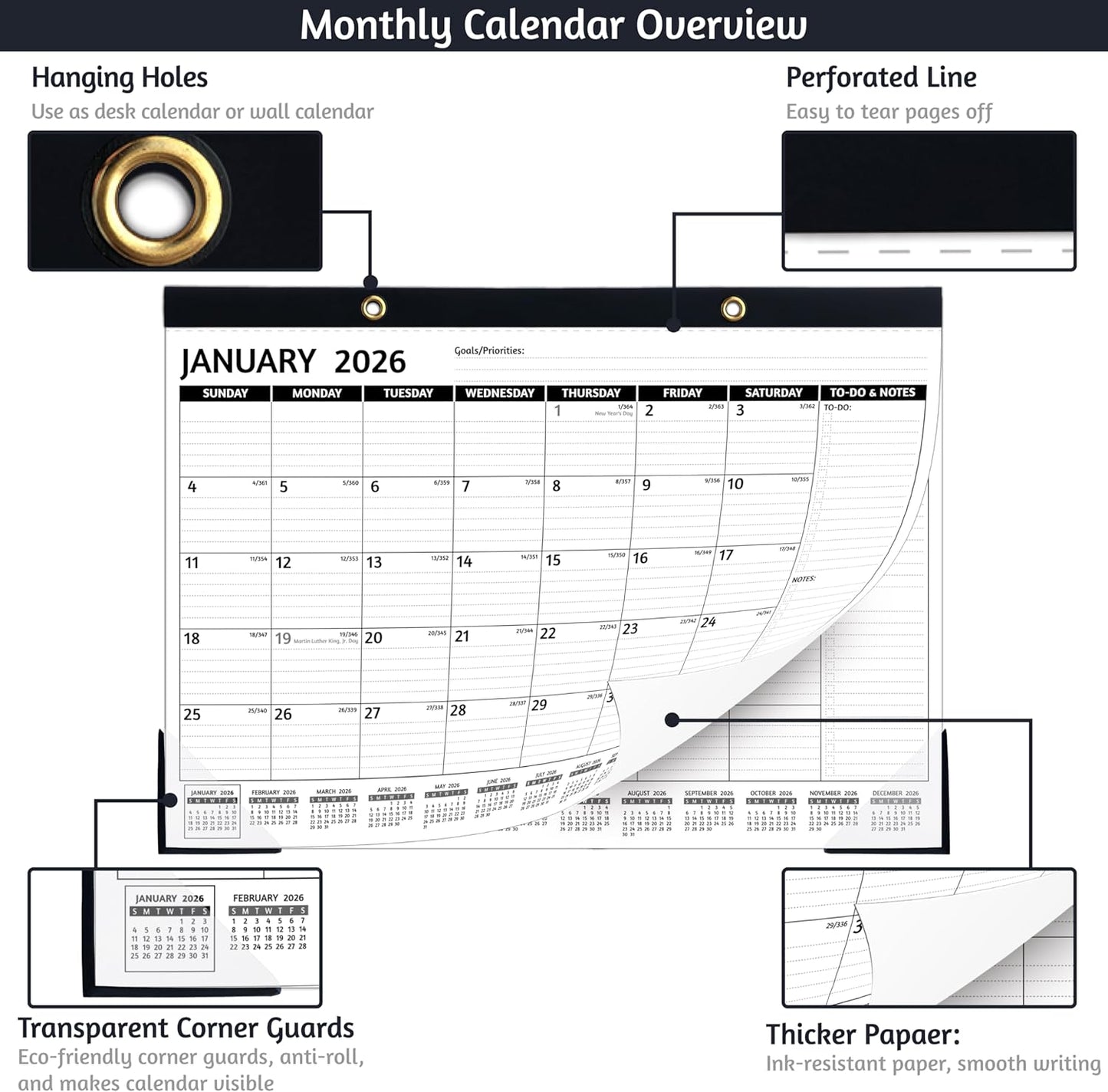 2026-2027 Desk Calendar – Run Now to MAR. 2027, 18 Monthly Desk Calendar 2026-2027 Large, 17'' x 12'', Best Desk/Wall Calendar 2026 with To-do Lists, Desk Pad, Ruled Blocks, Corner Protectors