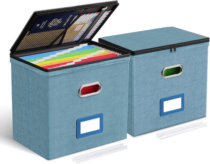 Oterri 2 Pack File Organizer Boxes with Lids, File Box with Mesh Pockets, Document Organizer Box for File Folders Letter Size, Zippers Filing Box for Home, Office, School (Green, Without Folders)