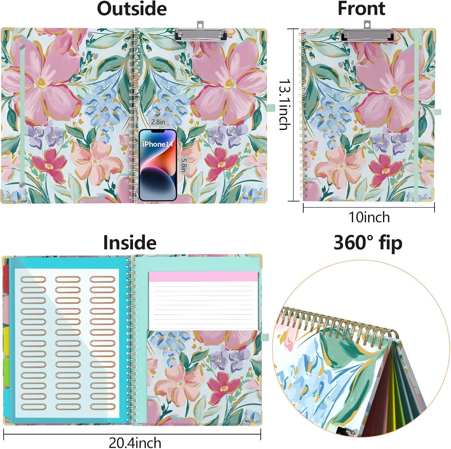 Clipboard Folio with Storage 8.5 X 11 Padfolio Notebook, Clipboards with Notepad Spiral with 10 Pockets and 5 Folders Nursing Teacher School Essentials (Pink Floral)