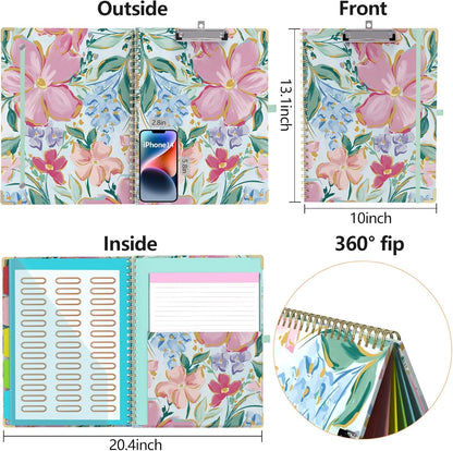 Clipboard Folio with Storage 8.5 X 11 Padfolio Notebook, Clipboards with Notepad Spiral with 10 Pockets and 5 Folders Nursing Teacher School Essentials (Pink Floral)