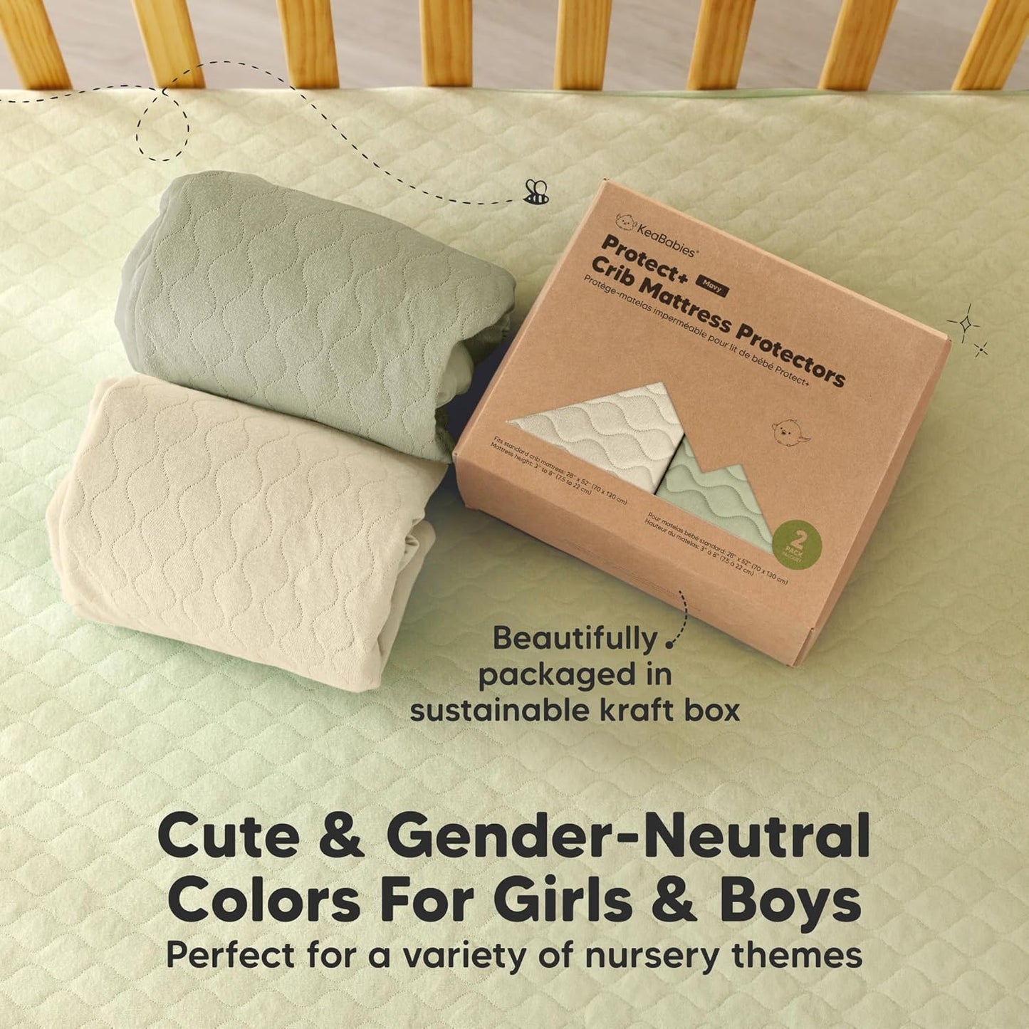 2-Pack Waterproof Crib Mattress Protector Cover Fitted - Quiet Baby Crib Mattress Pad Sheets, 52" x 28" Soft Quilted Cotton Baby Sheet, Machine Washable, Easy Fit, Durable (Soft White/Mavy)