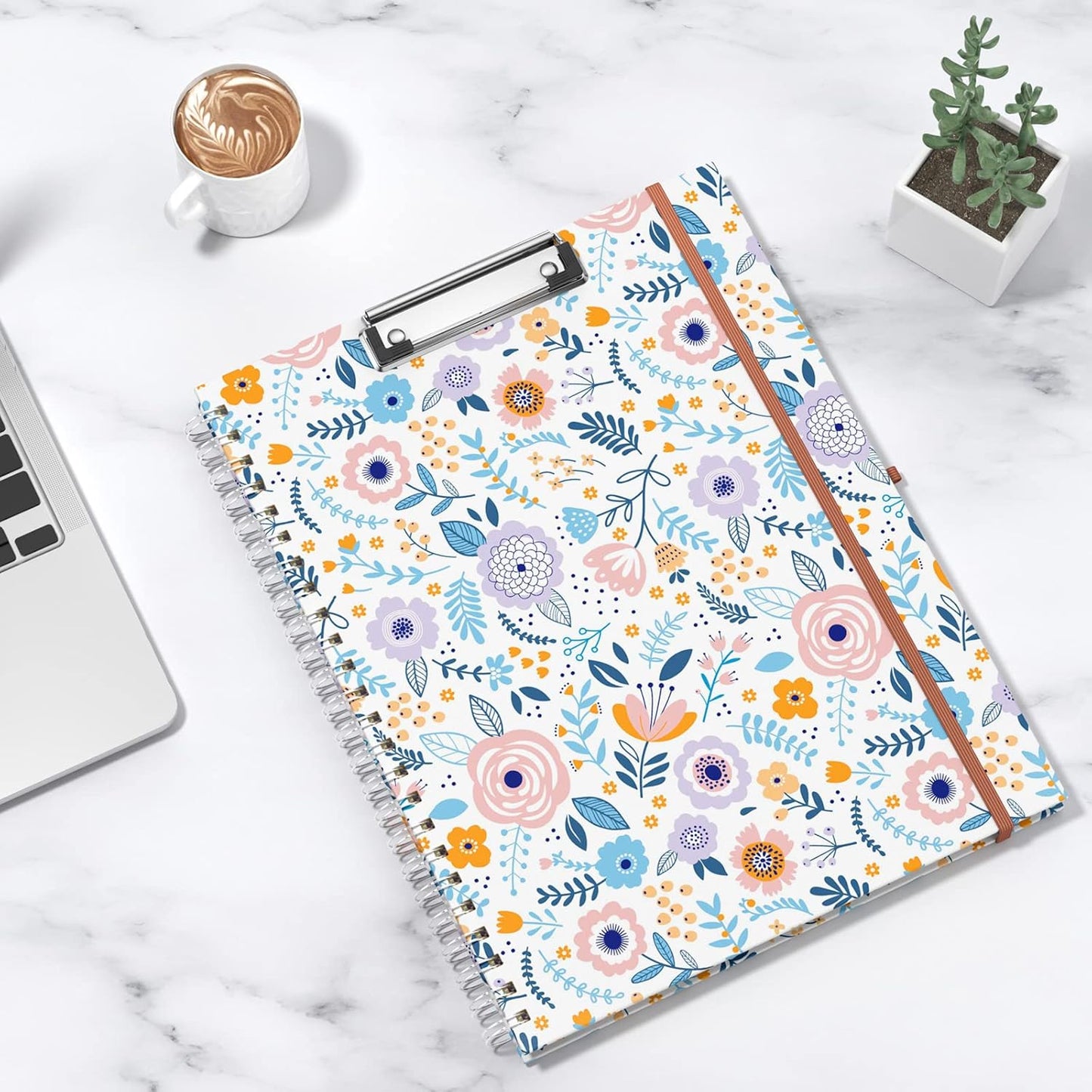 Rimilak Spiral Clipboards Folio with Refillable Lined Notepad, 14.5 x 9.8 In, Hardcover Cover with 5 Interior Pockets, Elastic Band and Pen Loop Series. Cute Stylish Clipfolio, Daisy Flower