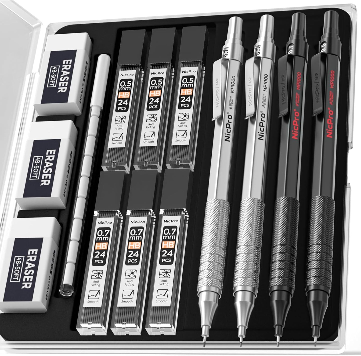 Nicpro 2 PCS Mechanical Pencils 0.5mm & 0.7 mm with Case, MP1000 Metal Artist Pencil Set with 4 Tubes HB Lead Refills, 2 Erasers, 9 Eraser Refills For Art Writing Drafting Drawing, Black & Silver
