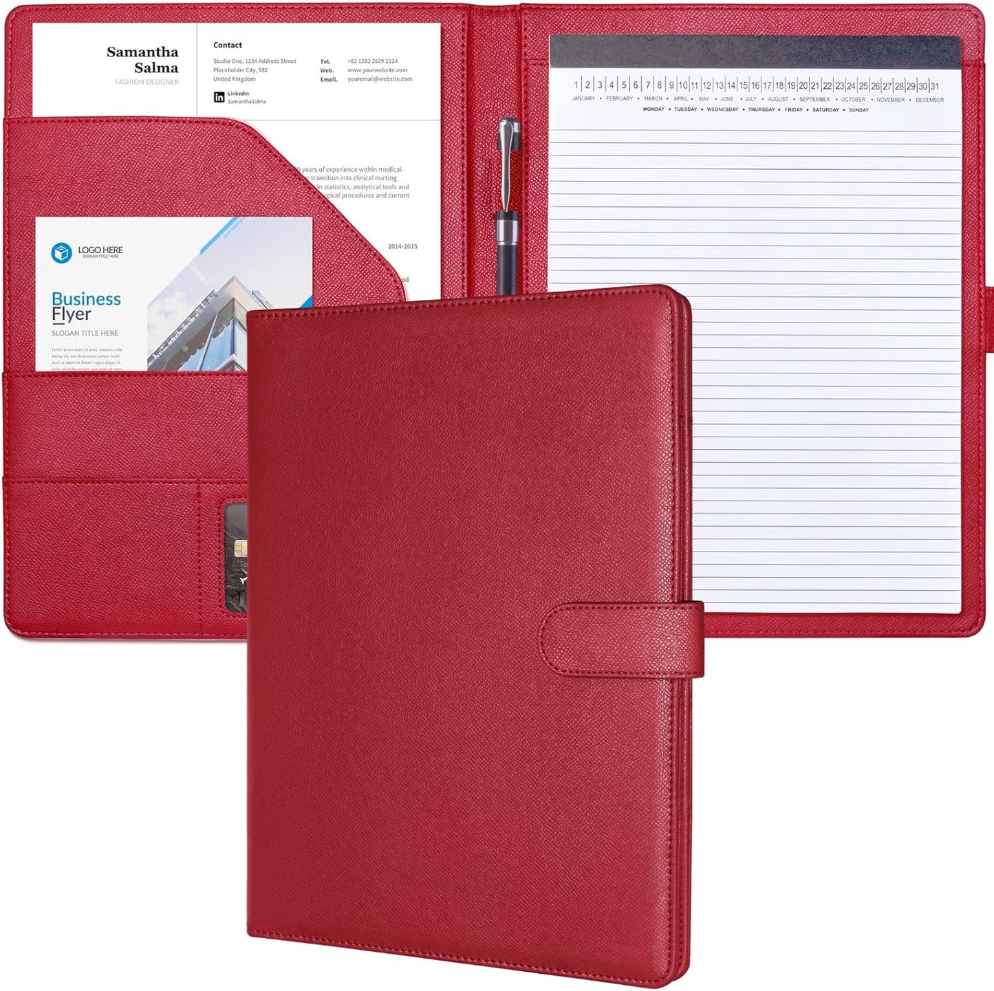 Mymazn Padfolio Portfolio Folder, Faux Leather Interview Resume Folder with Document Organizer & Business Card Holder, Letter-Sized Notepad Legal Pad Holder for Men Women (Sage Green)