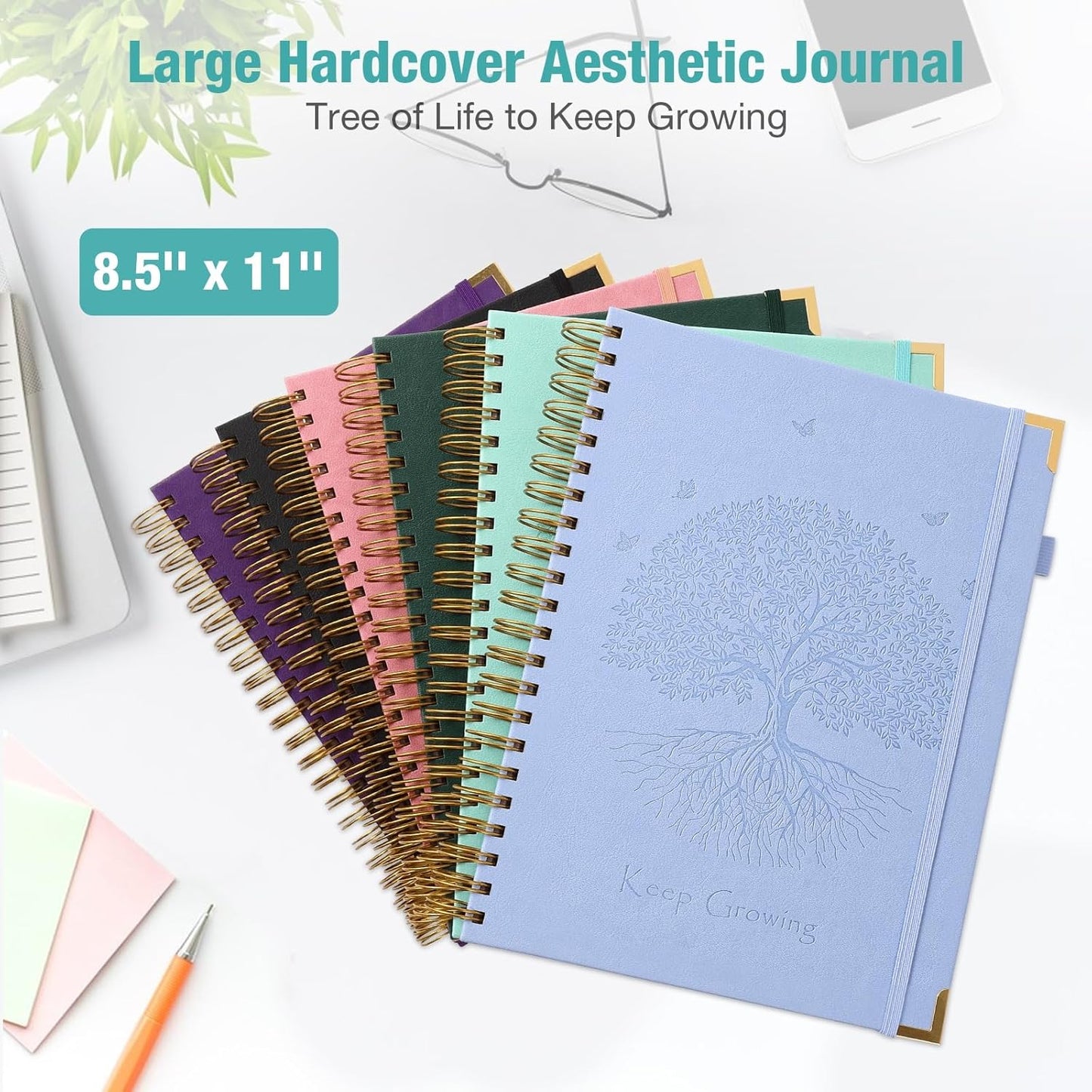 Spiral Notebook, College Ruled Notebook, 8" x 10", 300 Pages Leather Journals for Writing, B5 Hardcover Journaling Notebooks for Work School, 24pcs Tabs, Large Embossed Journal for Women Men, Black