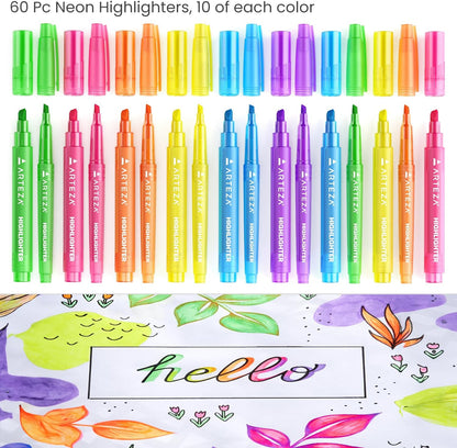 ARTEZA Highlighters, Bulk Set of 60 Neon Colors with Broad & Narrow Chisel Tips, Quick-Dry Smear-Resistant Ink for Office, Journaling, Planning & Notes