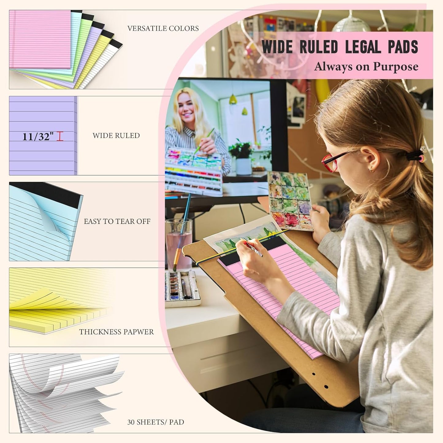 Note Pads 5x8, Narrow Ruled Legal Pad, Multicolor Small Notepads, 30 Sheet/notepad, 8 Pack Colored Legal Pads, Pink Legal Pad, Purple Notepad, Perforated Lined Note Pads for Study, Office, To-Do Lists