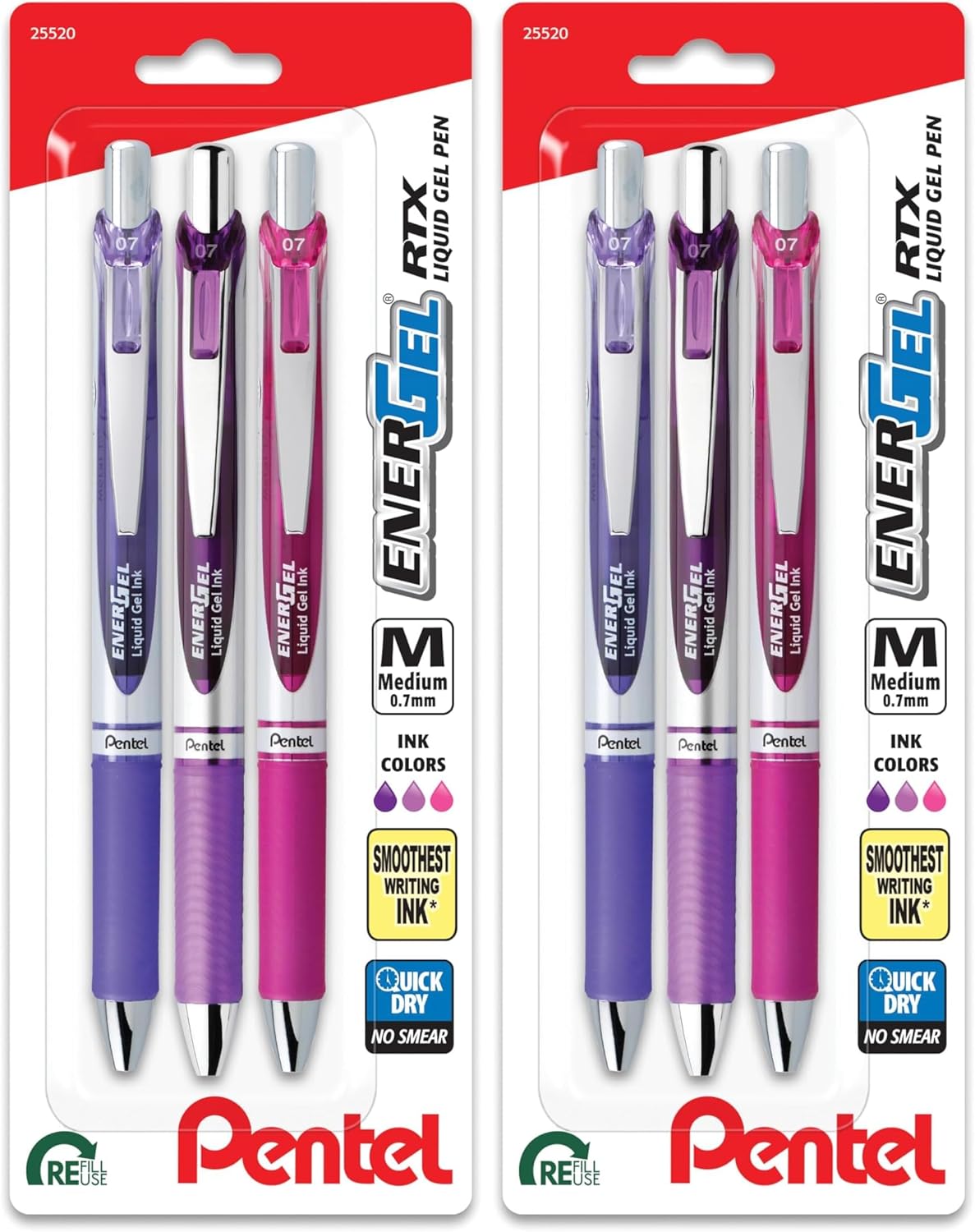 Pentel EnerGel RTX Retractable Liquid Gel Pen, Passion Hue, 0.7mm, Assorted Violet Ink Pack of 3 Pens (BL77PASBP3M)