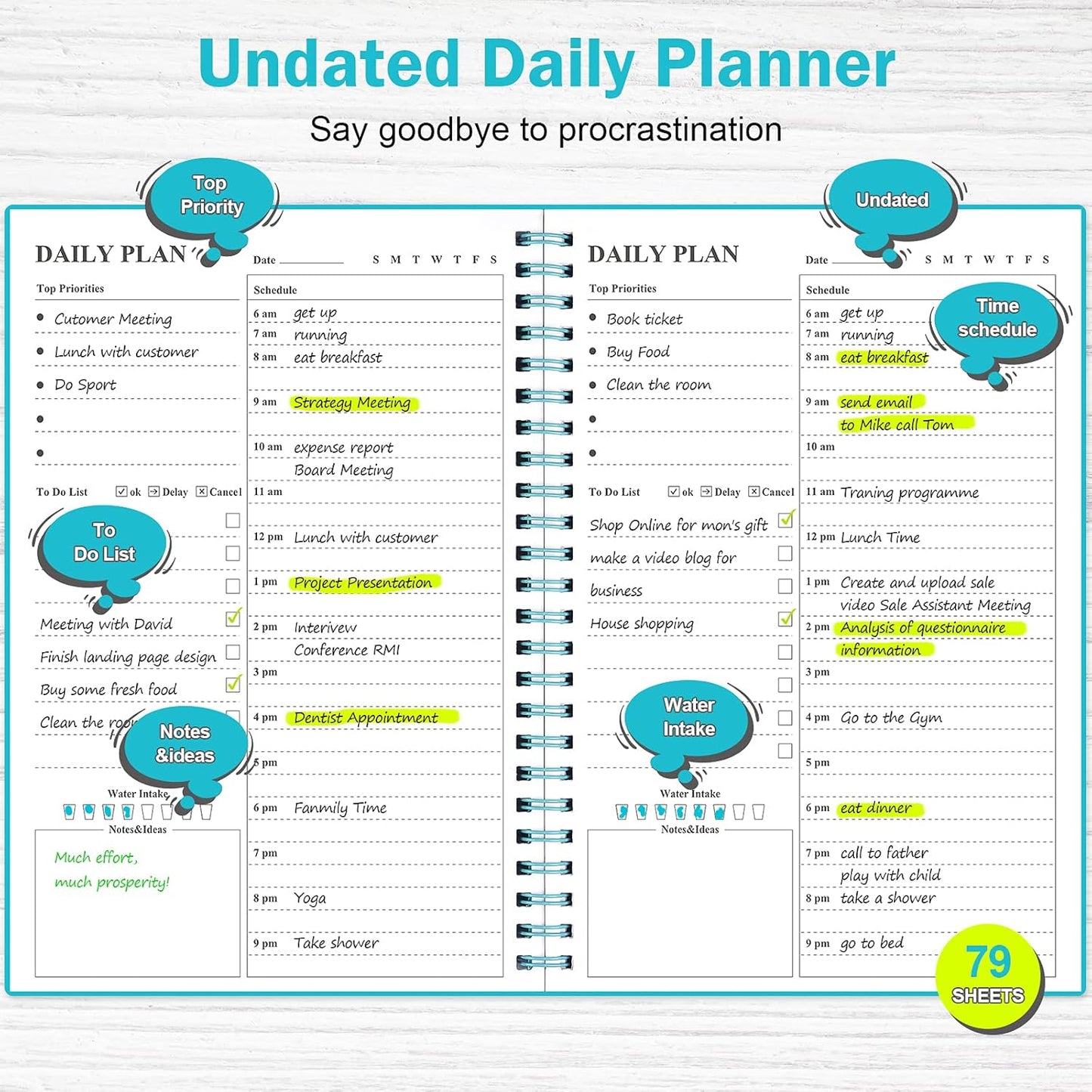 Daily Planner Undated, Asten To Do List Notebook Hourly Schedules Spiral Appointment Planner for Men and Women,PVC Hardcover,Elastic Closure, Inner Pocket 8.3" x 5.8" (Black)