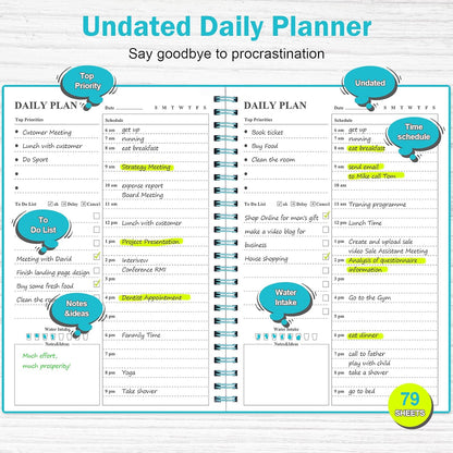 Daily Planner Undated, Asten To Do List Notebook Hourly Schedules Spiral Appointment Planner for Men and Women,PVC Hardcover,Elastic Closure, Inner Pocket 8.3" x 5.8" (Black)