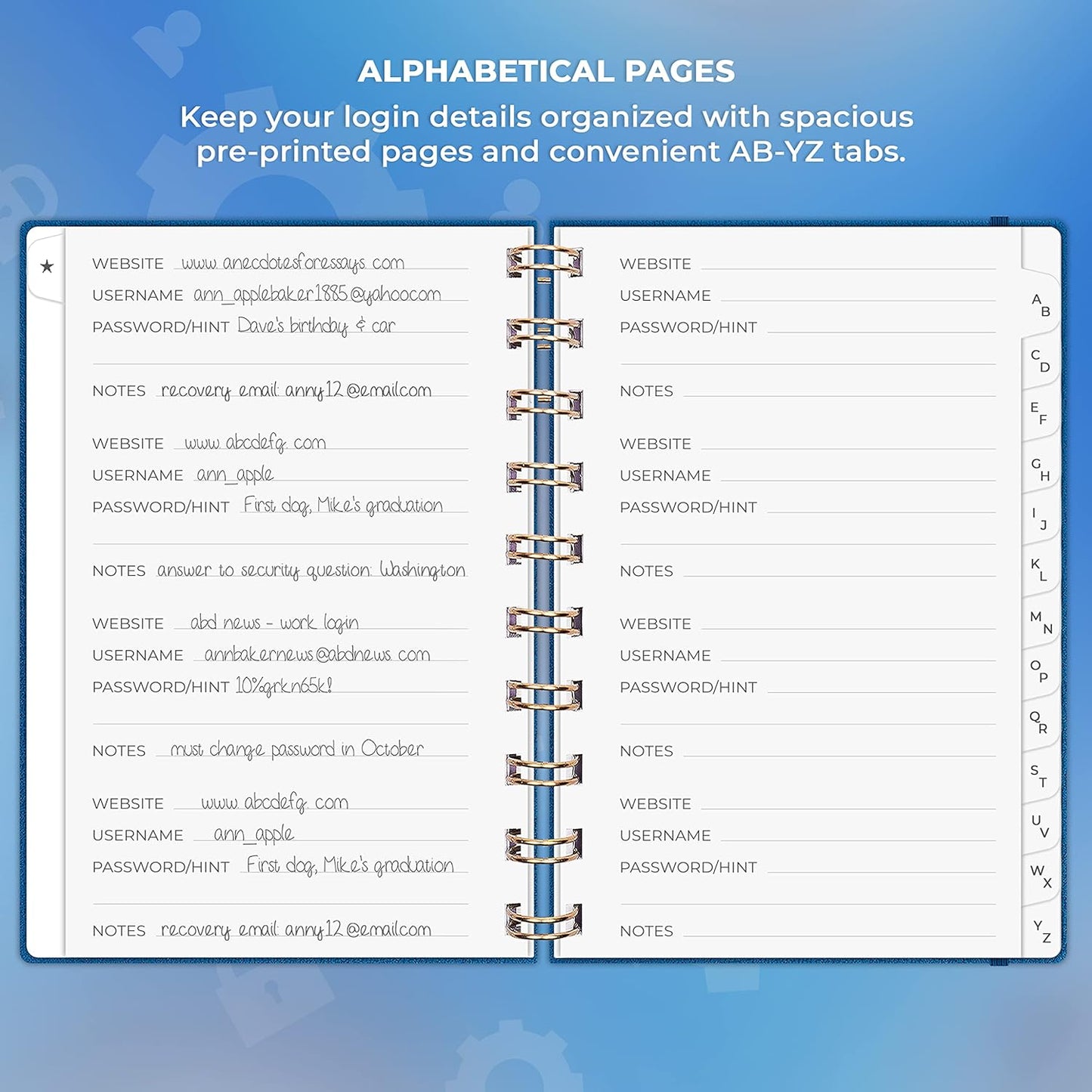 Clever Fox Password Book Spiral – Internet Address & Password Organizer with Laminated Alphabetical Tabs – Password Keeper Journal – Hardcover, Medium Size, 6.1x7.7” (Mystic Blue)