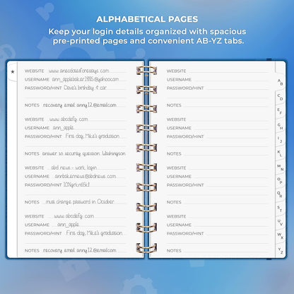 Clever Fox Password Book Spiral – Internet Address & Password Organizer with Laminated Alphabetical Tabs – Password Keeper Journal – Hardcover, Medium Size, 6.1x7.7” (Mystic Blue)