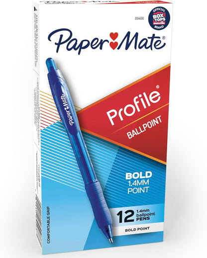 Paper Mate Profile Retractable Ballpoint Pens Bold, 1.4mm, Assorted Colors, 12 Count - Back to School, Home, Office, Teacher Supplies