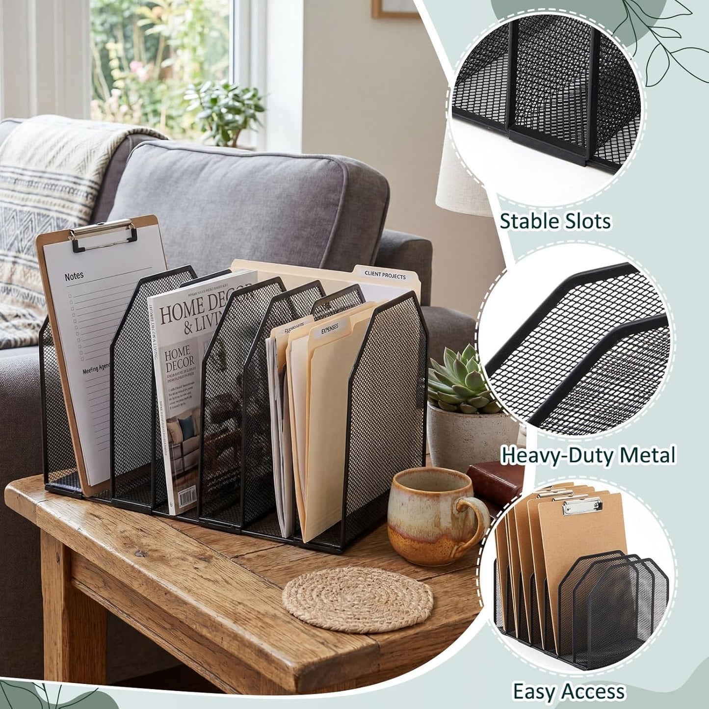 Sliner Clipboard Holder, Metal Clipboard Organizer, 7 Slot Desk File Organizer Storage Rack for Home, Office, Classroom Storage Organization Supplies, Black