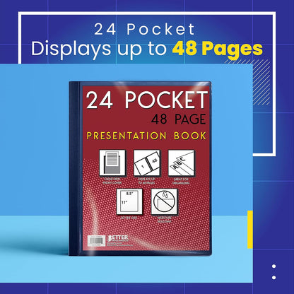 Better Office Products 24 Pocket Bound Presentation Book, Blue with Clear View Front Cover, 48 Sheet Protector Pages, 8.5" x 11" Sheets, Art Portfolio, Durable Poly Covers, Letter Size, Blue
