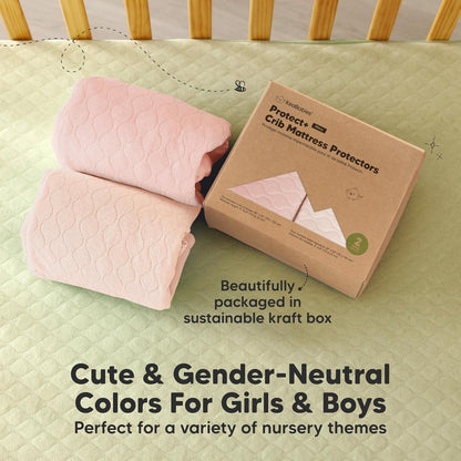 2-Pack Waterproof Crib Mattress Protector Cover Fitted - Quiet Baby Crib Mattress Pad Sheets, 52" x 28" Soft Quilted Cotton Baby Sheet, Machine Washable, Easy Fit, Durable (Soft White/Mavy)