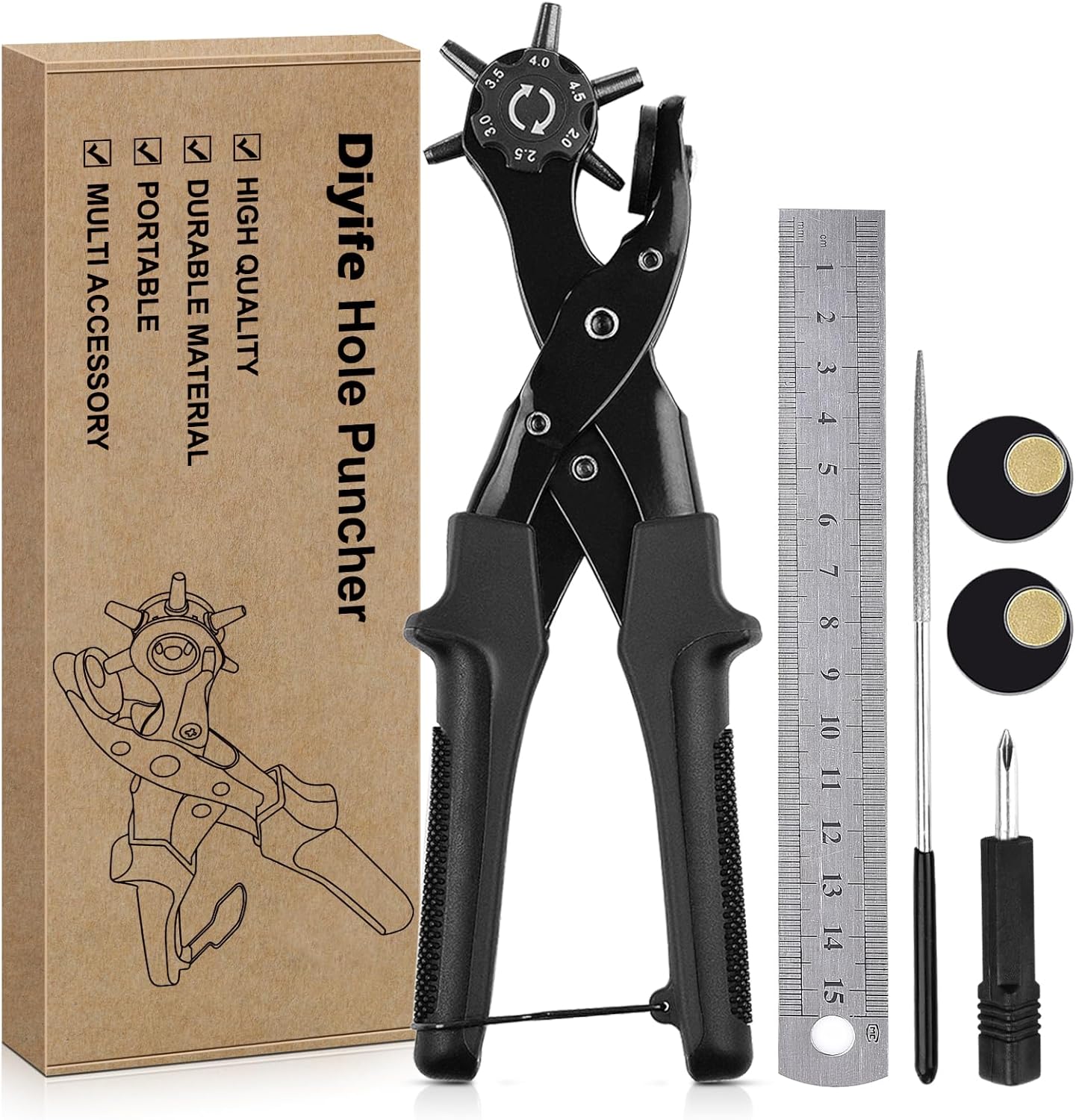 Diyife Professional Leather Hole Puncher, Full Set Punch Tool Kits for Belt, Watch Band, Shoe, Crafting, Handbag Straps, Fabric, with Extra Punch Plates and Ruler, Multi Hole Sizes Make - Blue