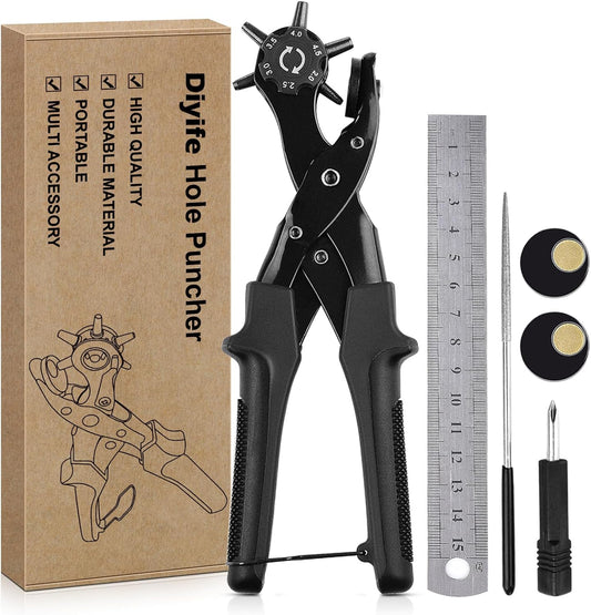 Diyife Professional Leather Hole Puncher, Full Set Punch Tool Kits for Belt, Watch Band, Shoe, Crafting, Handbag Straps, Fabric, with Extra Punch Plates and Ruler, Multi Hole Sizes Make - Blue