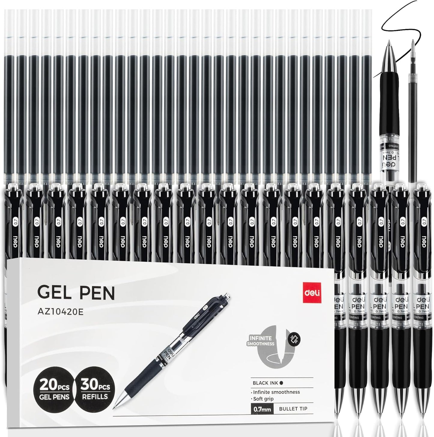 deli Gel Pens, 50 Pcs Retractable Pens Black Ink, Medium Point Pen 0.7mm, Smooth Writing, Fast Dry, No Bleed for Journaling Note Taking, Home School Office Supplies