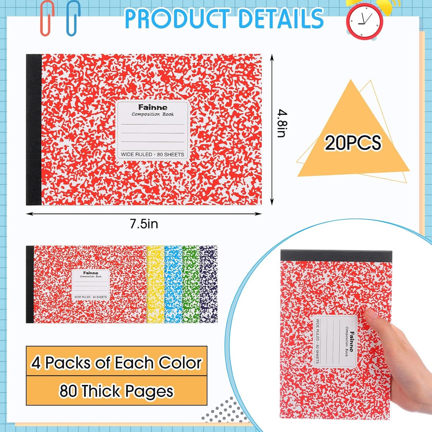 Fainne 20 Pieces Composition Notebooks 80 Pages Half Size Wide Ruled 4-7/8 x 7-1/2" Composition Books 11/32" Spacing Assorted Primary Covers Bulk(Green,Snowflake)