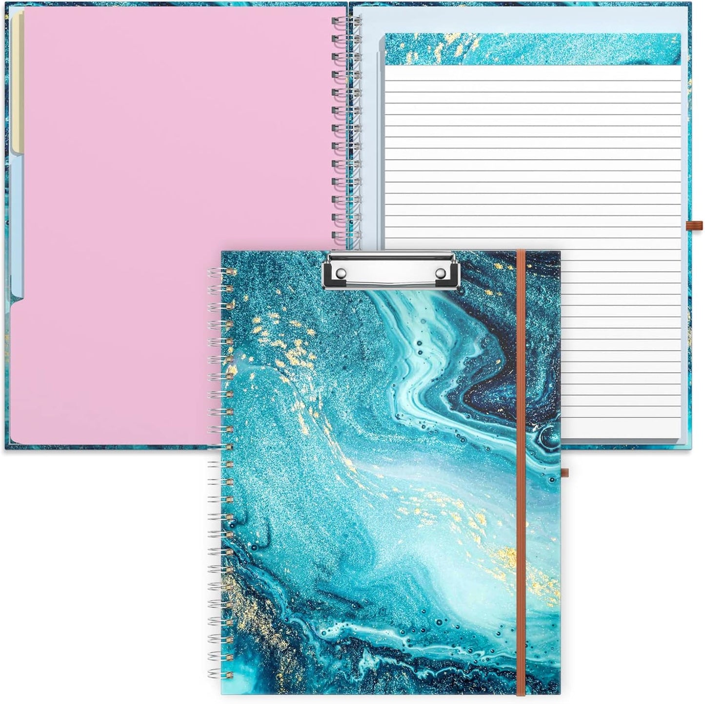 Rimilak Spiral Clipboards Folio with Refillable Lined Notepad, 14.5 x 9.8 In, Hardcover Cover with 5 Interior Pockets, Elastic Band and Pen Loop Series. Cute Stylish Clipfolio, Daisy Flower