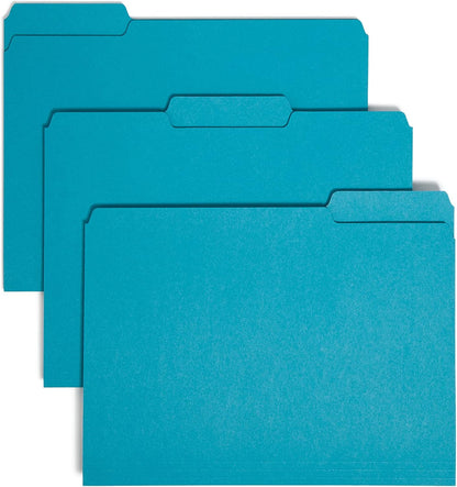 Smead Interior File Folder, 1/3-Cut Tab, Letter Size, Aqua, 100 per Box, Expandable File Folders for Filing Cabinet