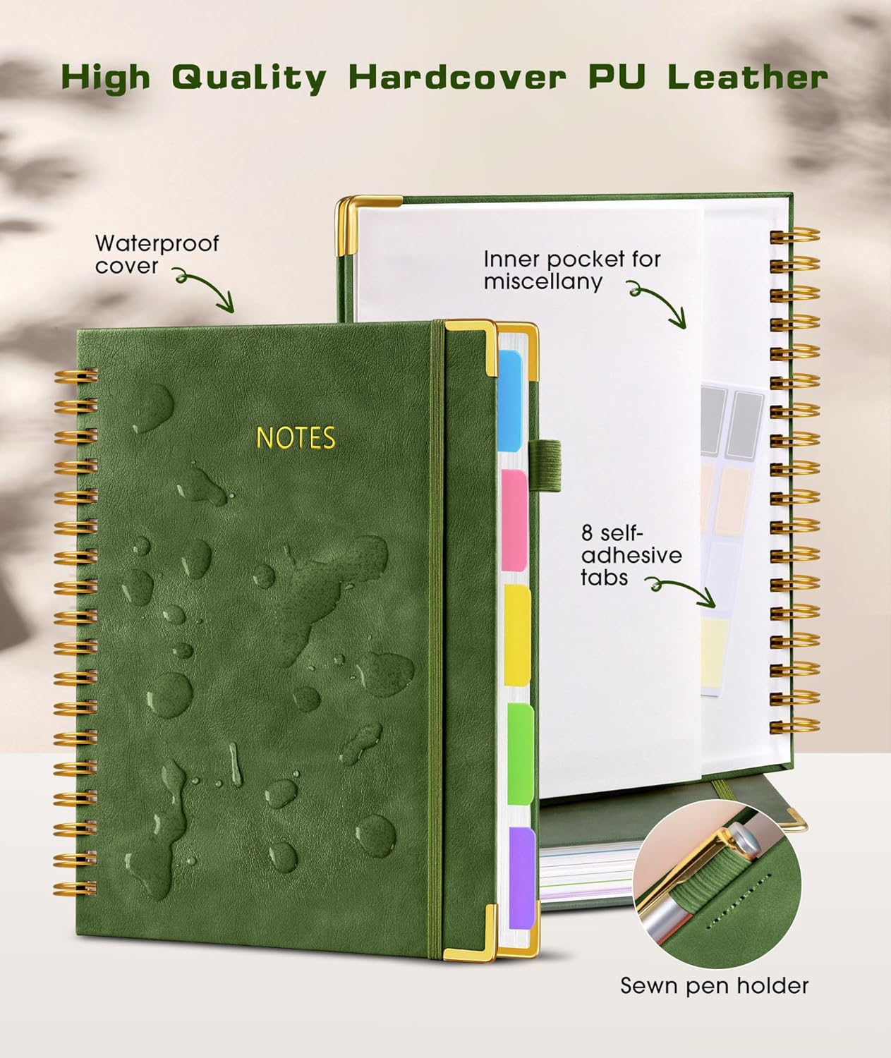 Hardcover Spiral Notebook Journal with Removable Dividers Tabs, 300 Pages Leather 5 Subject Notebook College Ruled, 8"x10" Large B5 Notebooks for Work School Note taking, Lined Journal for Women, Pink