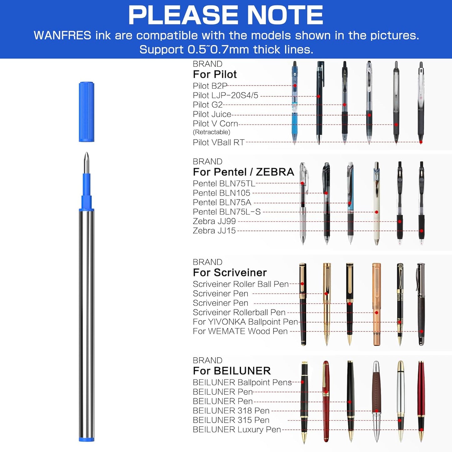 Gel Ink Rollerball Pen Refills - Amazing Luxury Ballpoint Pen Refills 0.5mm, Blue 6-Pack. Compatible with Scriveiner/BEILUNER/WEMATE/Pilot G2/YIVONKA/Waterman/Penneed Luxury Pen and Fancy Pen