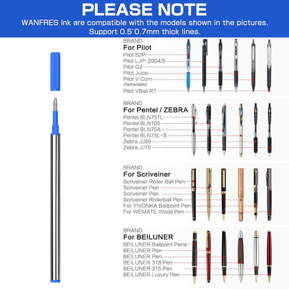 Gel Ink Rollerball Pen Refills - Amazing Luxury Ballpoint Pen Refills 0.5mm, Blue 6-Pack. Compatible with Scriveiner/BEILUNER/WEMATE/Pilot G2/YIVONKA/Waterman/Penneed Luxury Pen and Fancy Pen