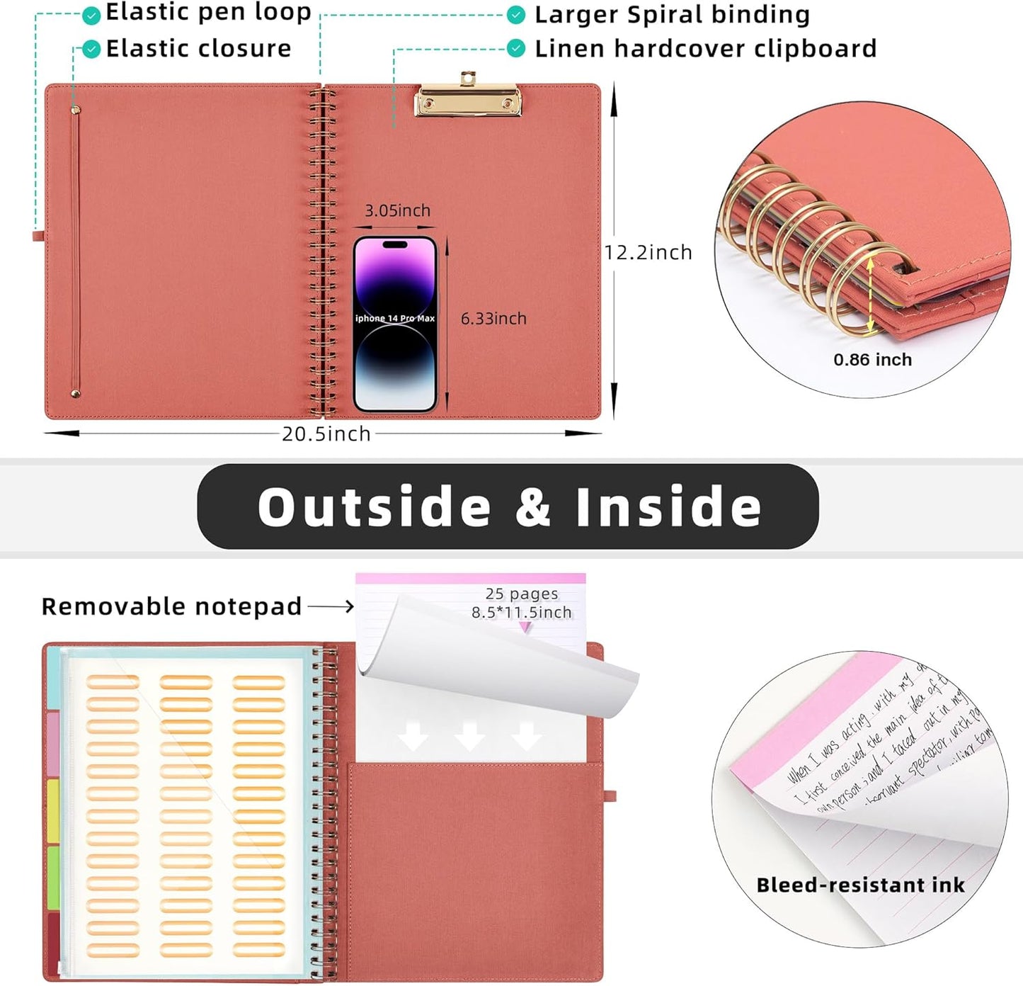 Ospelelf Foldable Spiral Clipboard Folio with Storage Zipper Pouch, 5 Plastic Folders with 10 Pockets,Refillable Lined Notepad (11" x 8.5"), Hardcover Project Organizer with 39 Stickers (Purple)