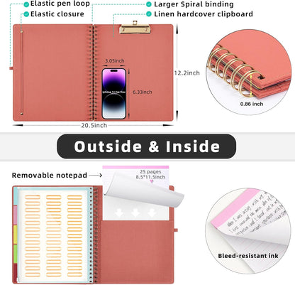 Ospelelf Foldable Spiral Clipboard Folio with Storage Zipper Pouch, 5 Plastic Folders with 10 Pockets,Refillable Lined Notepad (11" x 8.5"), Hardcover Project Organizer with 39 Stickers (Purple)