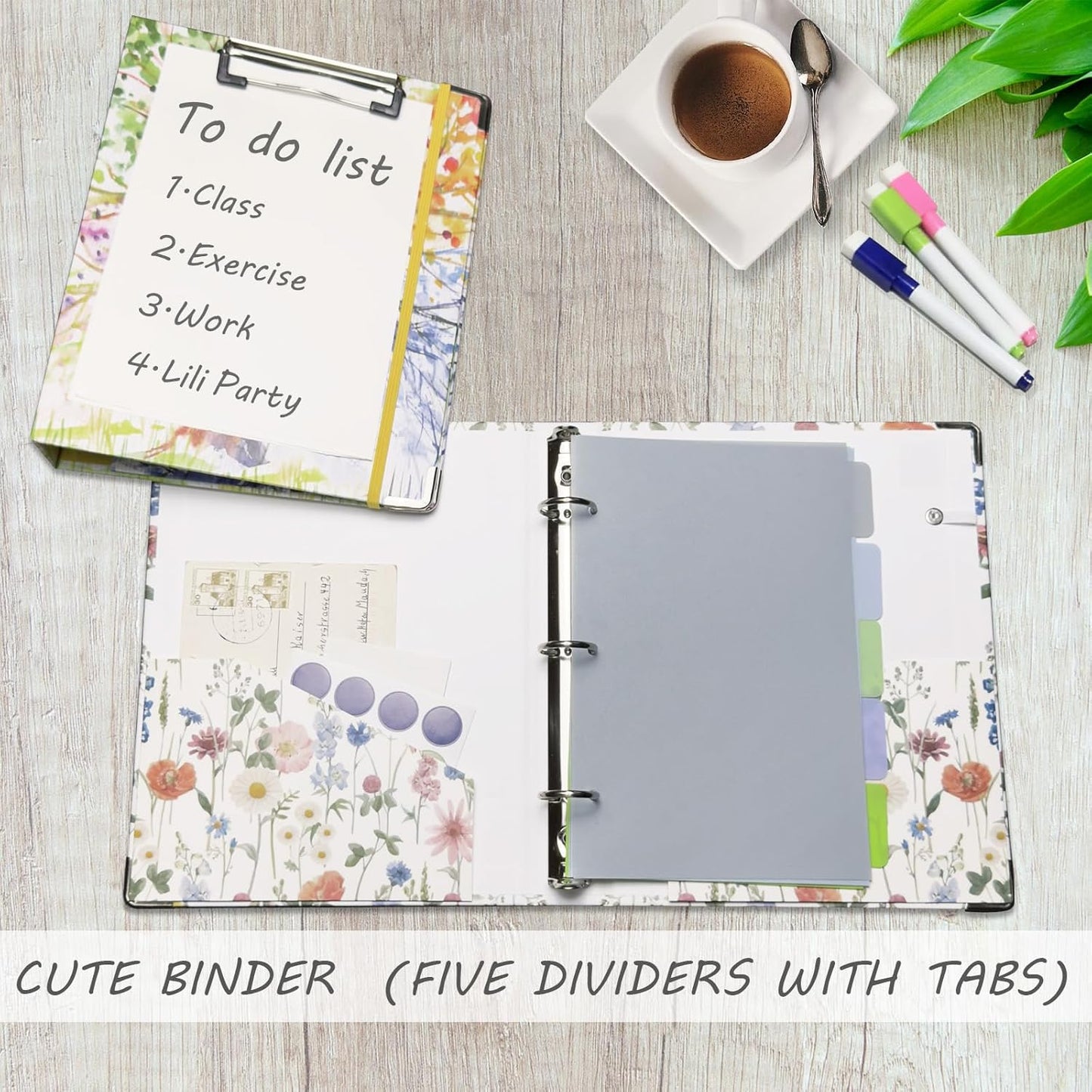 3 Ring Binder 1 Inch, Three Ring Binders Organizer with Clipboard, 5-Tabs Pockets Dividers, Plastic Folder, 18 Divider Stikers, BVSSX Pretty Binder with Pen Loop (Black Weeds, Letter Size)