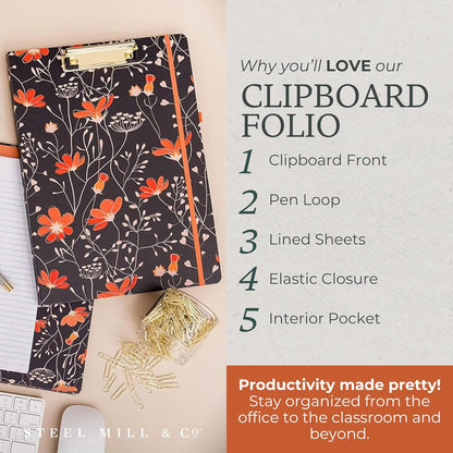 Steel Mill & Co Cute Clipboard Folio with Refillable Lined Notepad and Interior Storage Pocket, Floral Padfolio for Work, Garden Blooms Cream