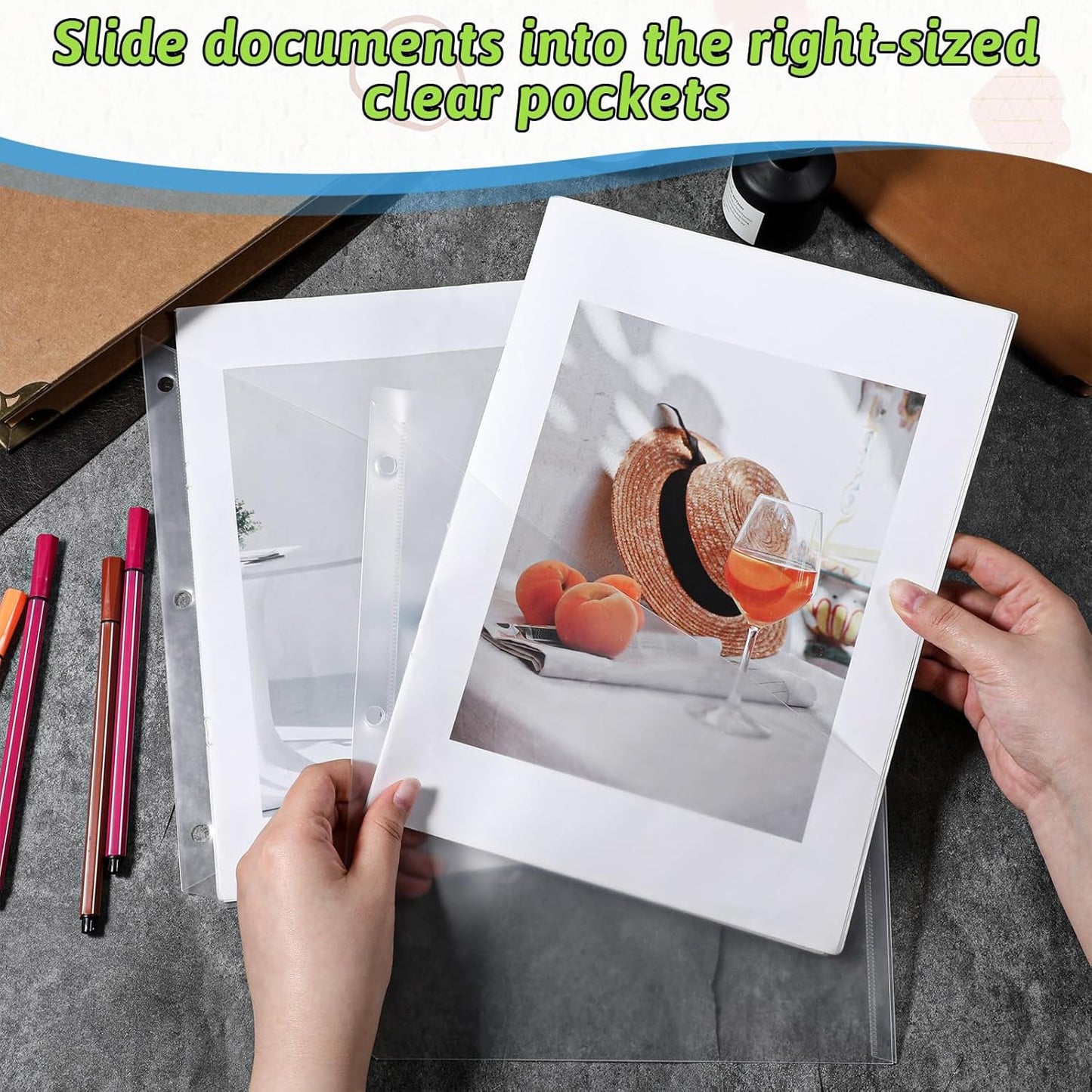 50 Pcs 3 Hole Punch Clear Plastic Document Folders, Binder Dividers with Pockets Waterproof Binders Sleeves Poly Slash File Jackets for Home Office Document Organizer (Transparent)