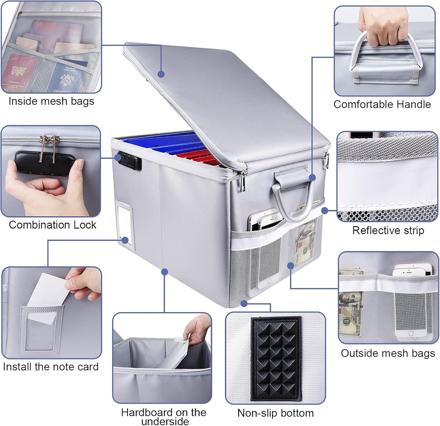 TOMKID Fireproof Document Box, Fireproof File Box with Lids, Important Document Organizer Box with Lock, Portable File Folder Organizer with Handle
