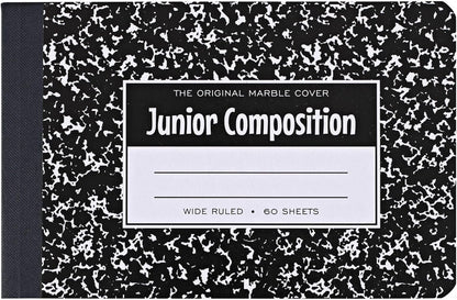 ROARING SPRING Junior Marble Composition Books, 12-Pack, Specially Sized 4.875"x7.5" for Smaller Users, 60 Sheets 15# White Wide Ruled Paper, Hard Board Covers, Black Marble (77125)