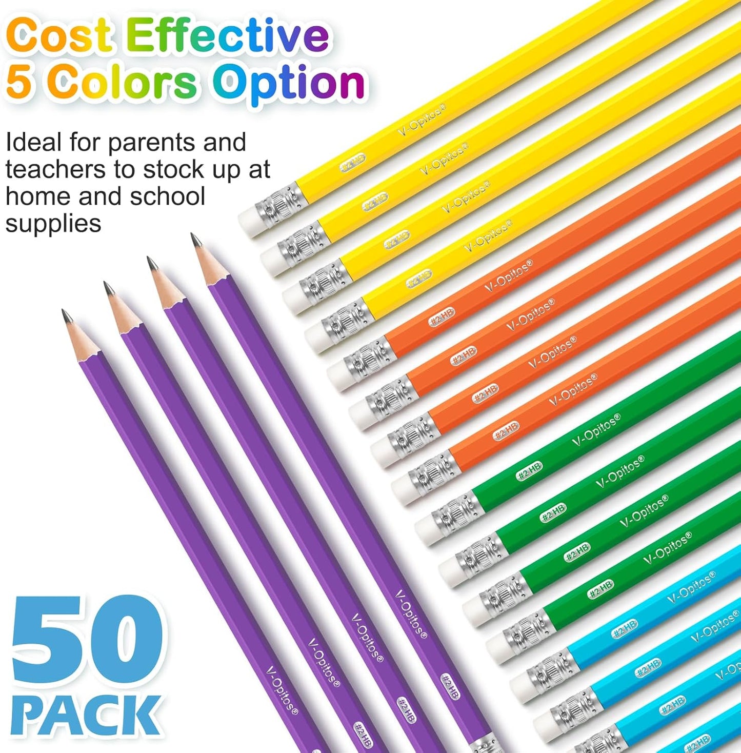 V-Opitos Wood-Cased #2 HB Pencils, 50 Pack Bulk Yellow Pencils with Erasers, Pre-Sharpened, School Classroom Teacher Supplies for Writing, Drawing and Sketching