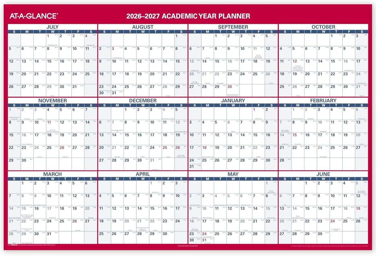 AT-A-GLANCE Dry Erase Calendar 2026-2027 Academic & Regular Year Wall Planner, 12-Month, 24" x 36", Double Sided, Vertical (PM210S28)