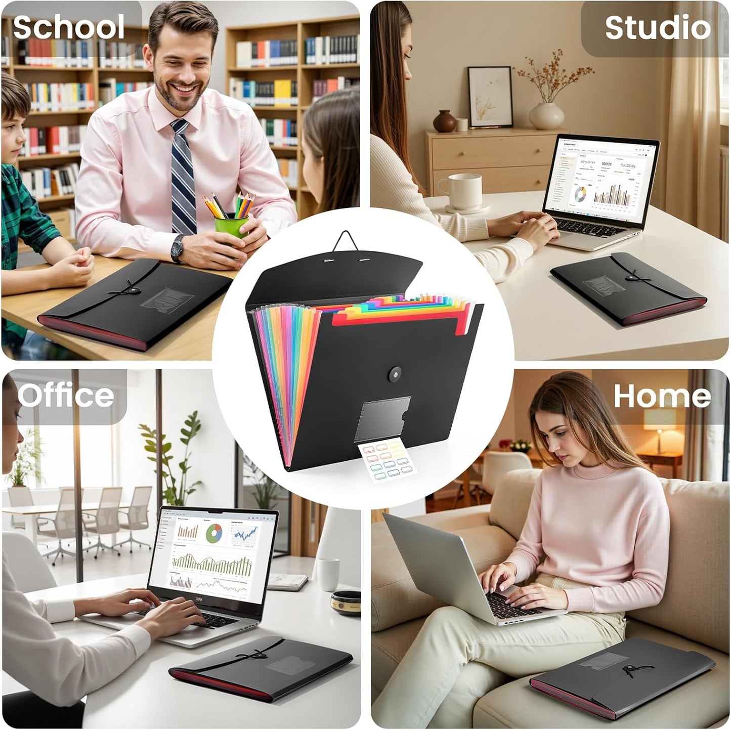 5-Pack 13-Pocket Expanding File Folder, Accordion File Organizer with Labels, Fits Letter Size & A4 Paper, for Home Office School College Supplies