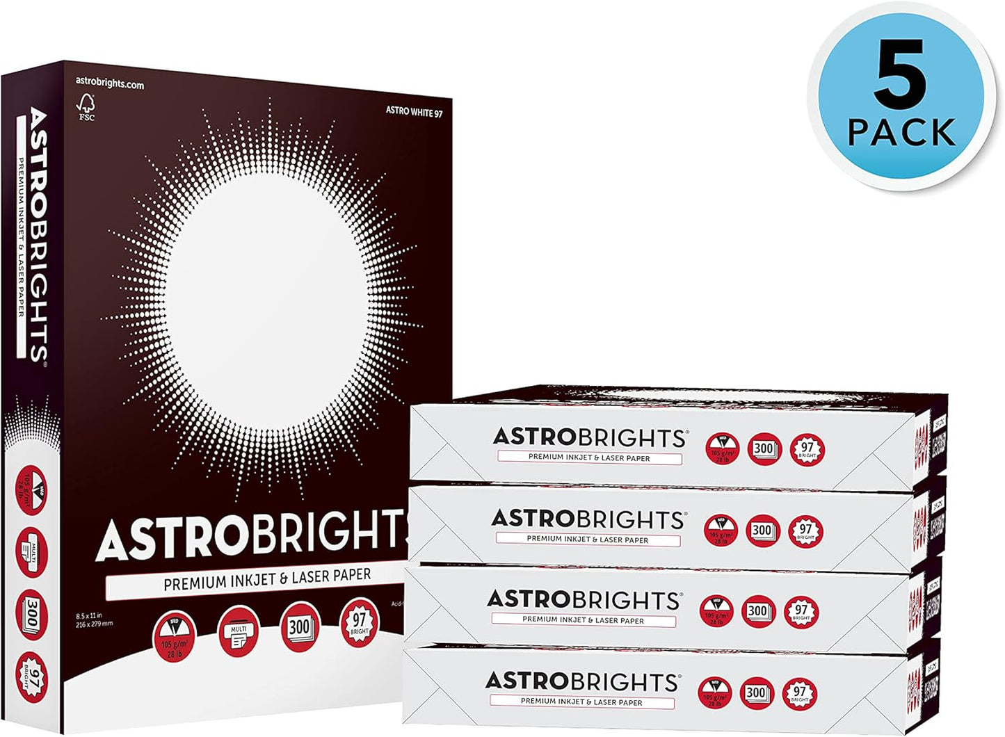 Astrobrights® Printer & Copy Paper, 8.5" x 11", 28lb/105gsm, 97 Brightness, White, 5 reams of 300 sheets per ream, 1,500 sheets per carton (91738-01)