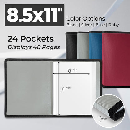 Dunwell Art Portfolio 8.5x11 Folder (Silver), Mounting Paper, Portfolio Binder for Artwork and 8.5 x 11 Documents Art Folder, 24 Pockets Display 48 Pages, Acid-Free Poly Presentation Book