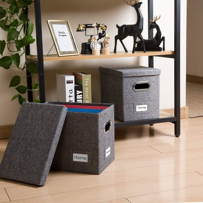 PRANDOM File Organizer Box - Collapsible Decorative Linen Filing Storage with Lids for Letter Size - Grey (14x9.3x10.8 inch)