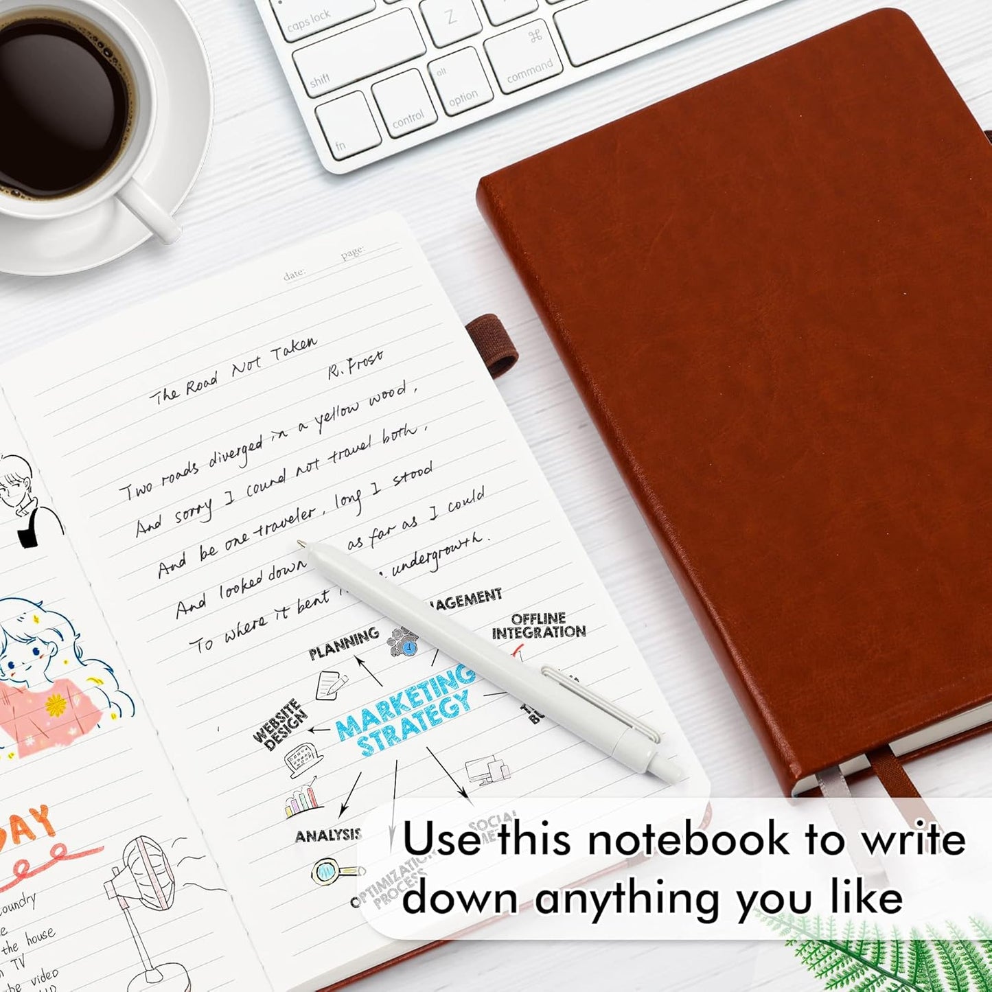 feela College Ruled Notebooks, 24 Pack Business Notebook Hardcover Lined Writing Journal with Pen Holder for Men Women Note Taking, with 24 Black Pens, 120 GSM, 5.1”x8.3”, A5, White