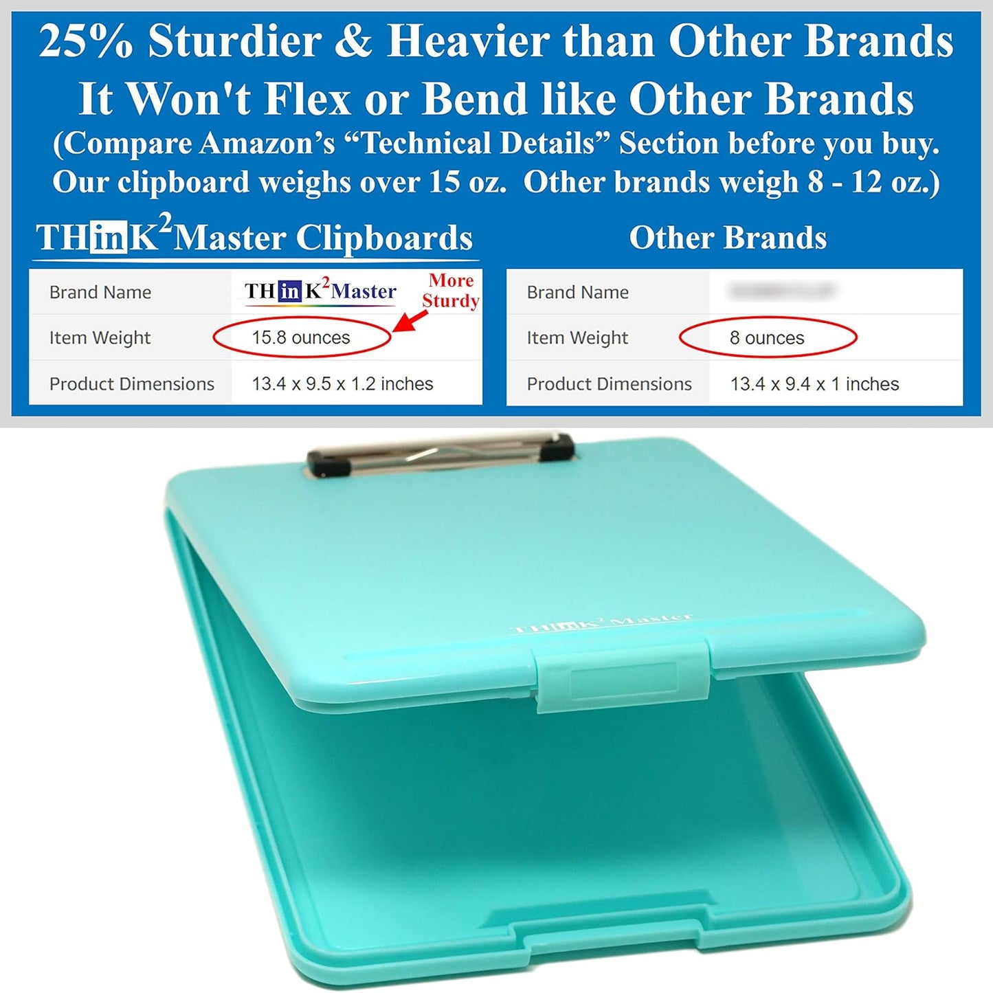 Think2Master Black Plastic Storage Clipboard. | 25% Heavier & 25% Sturdier| Heavy Duty and Won’t Flex or Bend Like Other Brands (Compare The Weight). Storage Compartment Holds 150 Letter Sized Paper.