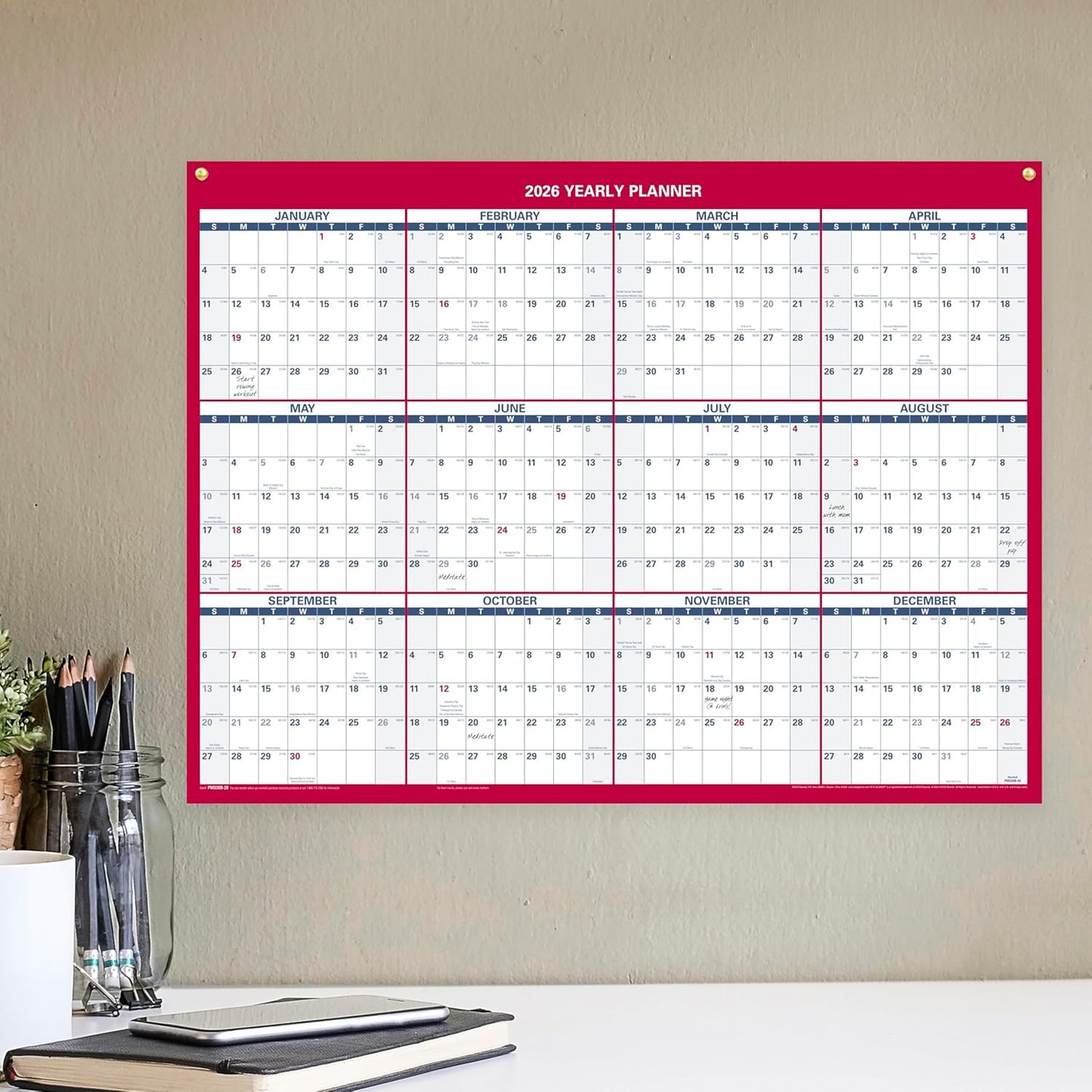 AT-A-GLANCE 2026 Erasable Calendar, Dry Erase Wall Planner, 12" x 16", Small, Vertical-Horizontal, Reversible, Compact (PM330B2826)