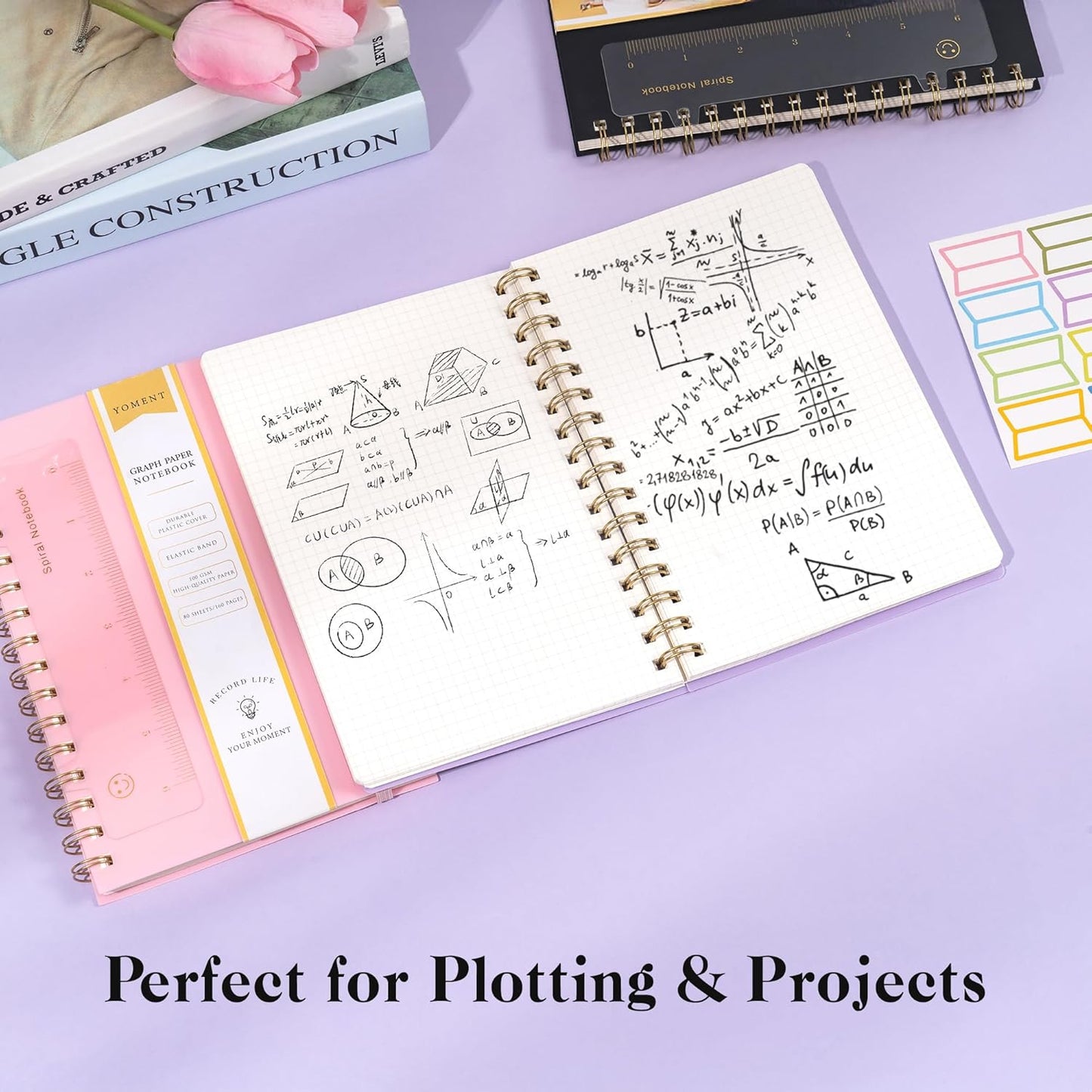 Yoment Graph Paper Spiral Notebook A5 Graphing Notebook 160 Pages Graph Paper Notebook Spiral Bound Waterproof Plastic Hardcover Spiral Journal 5x7 Grid Notebooks for Note Taking,Black
